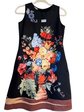 Zara Black Mini Dress with Multicolor Floral Bouquet Line A Women’s S w/Pockets
